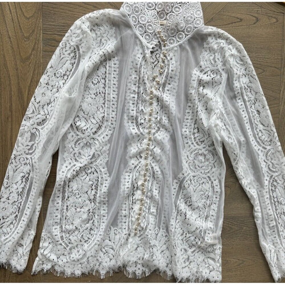 SOFT SURROUNDINGS Shirt Small White Lace Pearl Button Front Sheer Blouse